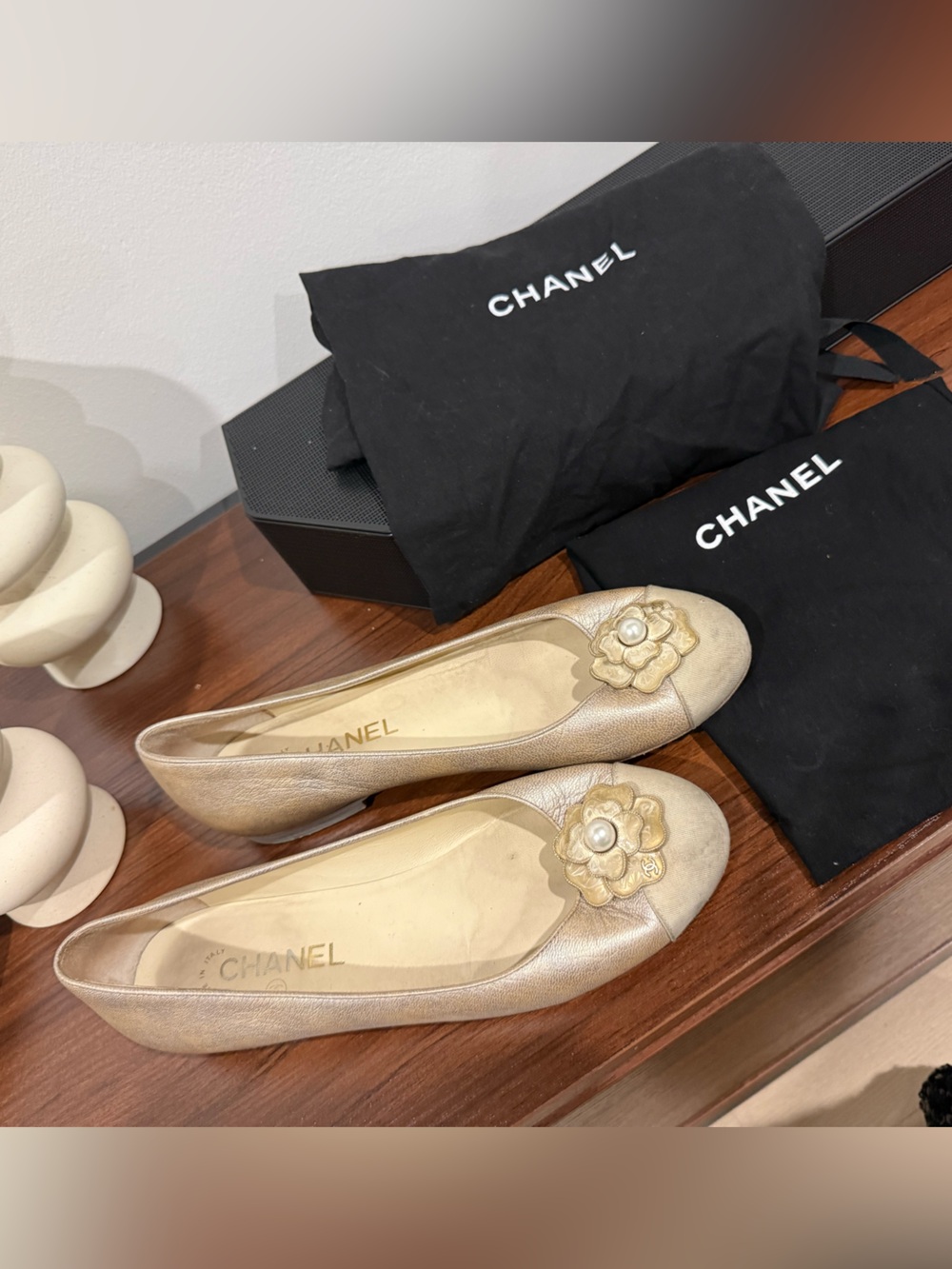 CHANEL Metallic Gold Leather Camellia Pearl Ballet Flats